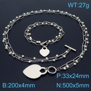 Women Stainless Steel&Pearls Link Flat Love Heart Charm Jewelry Set with 500mm Necklace&200mm Bracelet - KS215508-Z