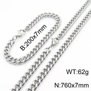 European and American hip-hop style double-sided polished Cuban chain stainless steel men's bracelet necklace 2-piece set - KS215671-Z