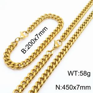 European and American hip-hop style double-sided polished Cuban chain stainless steel men's bracelet necklace 2-piece set - KS215672-Z