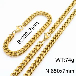 European and American hip-hop style double-sided polished Cuban chain stainless steel men's bracelet necklace 2-piece set - KS215676-Z