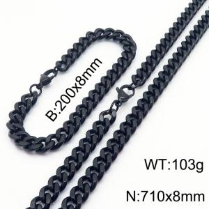 8mm stainless steel cuban link chain jewelry sets for women men black bracelet & necklace - KS215684-Z