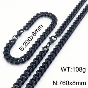 8mm stainless steel cuban link chain jewelry sets for women men black bracelet & necklace - KS215685-Z