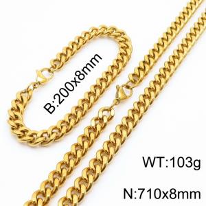 8mm stainless steel cuban link chain jewelry sets for women men gold color bracelet & necklace - KS215698-Z