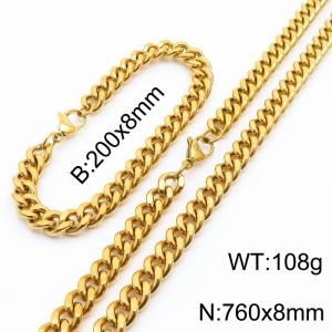 8mm stainless steel cuban link chain jewelry sets for women men gold color bracelet & necklace - KS215699-Z