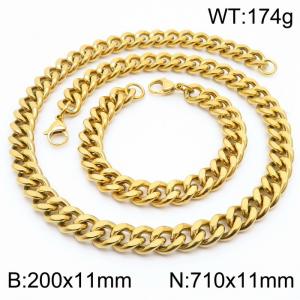 11mm stainless steel  jewelry sets  for men punk cuban chain gold color bracelet & necklace - KS215740-Z