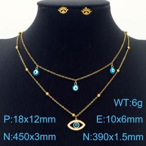 Fashion Double Layer Devil's Eye Titanium Steel Blue Necklace and 10mm  demon Earrings Jewelry Set for Women Stainless Steel Gold Colour Jewelry Set - KS215764-MW