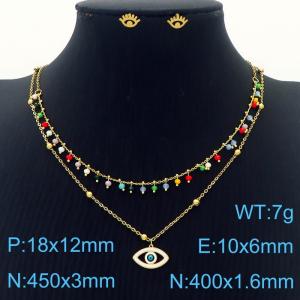 Multicolor Double Layer Demon Eye Titanium Steel Gold Necklace and 10mm demon eye earring  colorful women's two-piece set - KS215765-MW