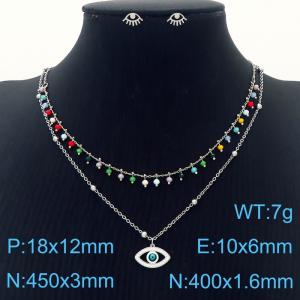 Multicolor Double Layer Demon Eye Titanium Steel Necklace and 10mm demon eye earring  colorful women's two-piece set - KS215766-MW