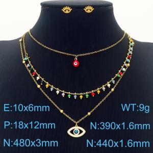 Personalized Mixed Color Demon Eye Titanium Steel Double Layer Necklace and 10mm demon eye earring  colorful women's two-piece set - KS215770-MW