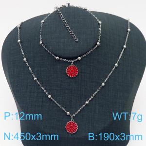 European and American Fashion Stainless Steel 190 × 3mm&450 × 3mm bead chain with red daisy pendant jewelry charm silver set - KS215771-TJG