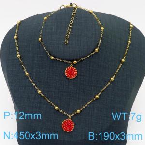 European and American Fashion Stainless Steel 190 × 3mm&450 × 3mm bead chain with red daisy pendant jewelry charm gold set - KS215772-TJG