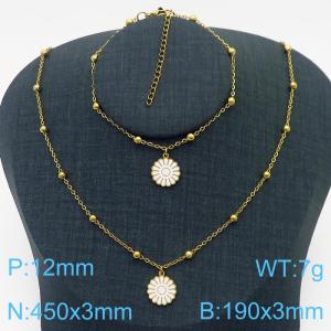 European and American Fashion Stainless Steel 190 × 3mm&450 × 3mm bead chain with white daisy pendant jewelry charm gold set - KS215776-TJG