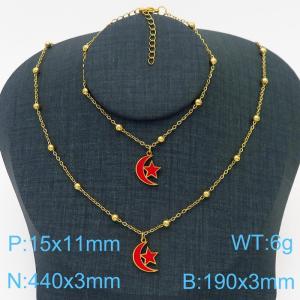 European and American Fashion Stainless Steel 190 × 3mm&450 × 3mm bead chain with red pentagonal star moon pendant jewelry charm gold set - KS215777-TJG