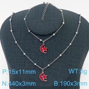 European and American Fashion Stainless Steel 190 × 3mm&450 × 3mm bead chain with red pentagonal star moon pendant jewelry charm silver set - KS215778-TJG