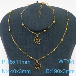 European and American Fashion Stainless Steel 190 × 3mm&450 × 3mm bead chain with black pentagonal star moon pendant jewelry charm gold set - KS215779-TJG