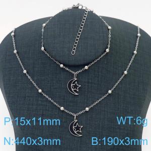 European and American Fashion Stainless Steel 190 × 3mm&450 × 3mm bead chain with black pentagonal star moon pendant jewelry charm silver set - KS215780-TJG