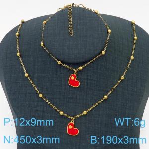 European and American Fashion Stainless Steel 190 × 3mm&450 × 3mm bead chain with red heart shaped pendant jewelry charm gold set - KS215783-TJG