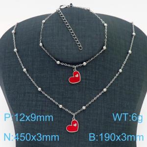 European and American Fashion Stainless Steel 190 × 3mm&450 × 3mm bead chain with red heart shaped pendant jewelry charm silver set - KS215784-TJG