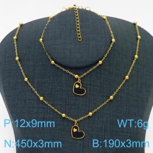 European and American Fashion Stainless Steel 190 × 3mm&450 × 3mm bead chain with black heart shaped pendant jewelry charm gold set - KS215785-TJG