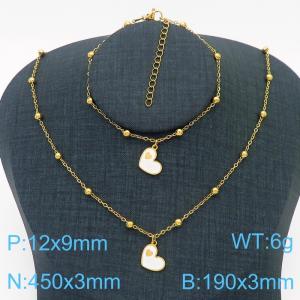 European and American Fashion Stainless Steel 190 × 3mm&450 × 3mm bead chain with white heart shaped pendant jewelry charm gold set - KS215787-TJG