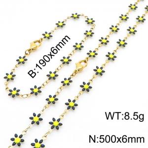 Women Gold-Plated Stainless Steel Black Petals Flower Charm Jewelry Set with 190mm Bracelet&500mm Necklace - KS215820-Z