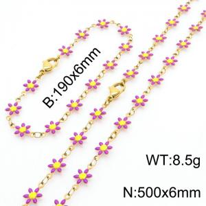 Women Gold-Plated Stainless Steel Purple Petals Flower Charm Jewelry Set with 190mm Bracelet&500mm Necklace - KS215822-Z