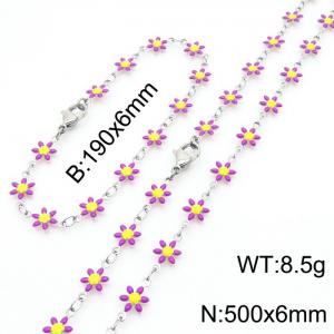 Women Stainless Steel Purple Petals Flower Charm Jewelry Set with 190mm Bracelet&500mm Necklace - KS215823-Z