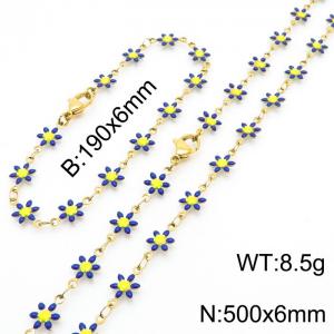 Women Gold-Plated Stainless Steel Blue Petals Flower Charm Jewelry Set with 190mm Bracelet&500mm Necklace - KS215824-Z