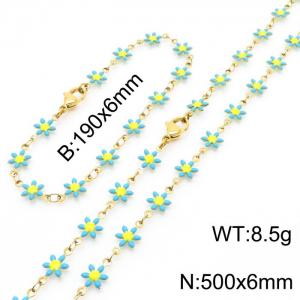 Women Gold-Plated Stainless Steel Sky-Blue Petals Flower Charm Jewelry Set with 190mm Bracelet&500mm Necklace - KS215828-Z