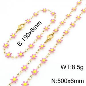 Women Gold-Plated Stainless Steel Pink Petals Flower Charm Jewelry Set with 190mm Bracelet&500mm Necklace - KS215830-Z