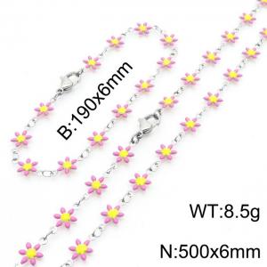 Women Stainless Steel Pink Petals Flower Charm Jewelry Set with 190mm Bracelet&500mm Necklace - KS215831-Z