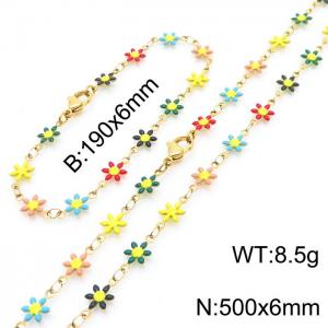 Women Gold-Plated Stainless Steel Colorful Petals Flower Charm Jewelry Set with 190mm Bracelet&500mm Necklace - KS215834-Z