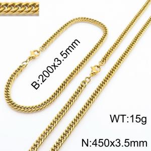 3.5mm Gold-Plated Stainless Steel Cuban Chain Jewelry Set with 200mm Bracelet&450mm Necklace - KS215873-Z