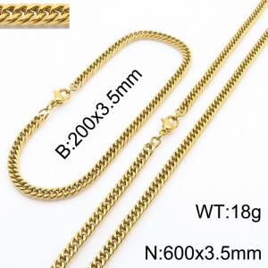 3.5mm Gold-Plated Stainless Steel Cuban Chain Jewelry Set with 200mm Bracelet&600mm Necklace - KS215876-Z