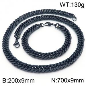 9*200/700mm Simple vacuum electroplating black whip chain stainless steel men's bracelet necklace set - KS215997-Z