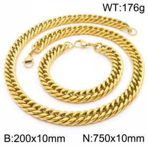 10mm 750mm Stainless Steel Sets Cuban Chain Bracelet Necklace Gold Color - KS216026-Z