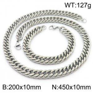 10mm 450mm Stainless Steel Sets Cuban Chain Bracelet Necklace Silver Color - KS216027-Z