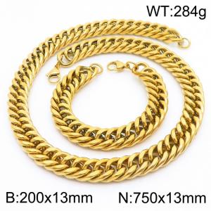 13mm 750mm Stainless Steel Sets Cuban Chain Bracelet Necklace Gold Color - KS216047-Z