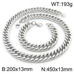 13mm 450mm Stainless Steel Sets Cuban Chain Bracelet Necklace Silver Color - KS216048-Z