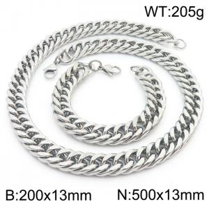 13mm 500mm Stainless Steel Sets Cuban Chain Bracelet Necklace Silver Color - KS216049-Z