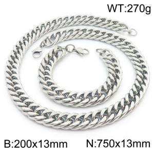 13mm 750mm Stainless Steel Sets Cuban Chain Bracelet Necklace Silver Color - KS216054-Z