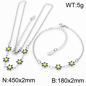 Fashion stainless steel 180×2mm&450×2mm black double-sided adhesive drop small daisy petal splicing O-shaped chain women's charm silver set - KS216062-Z