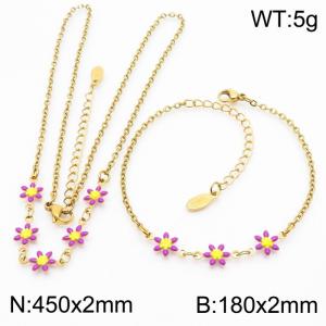 Fashion stainless steel 180×2mm&450×2mm purple double-sided adhesive drop small daisy petal splicing O-shaped chain for women's charm gold set - KS216065-Z