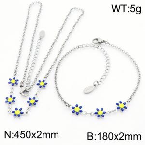 Fashion stainless steel 180×2mm&450×2mm dark blue double-sided adhesive drop small daisy petal splicing O-shaped chain for women's charm silver set - KS216067-Z