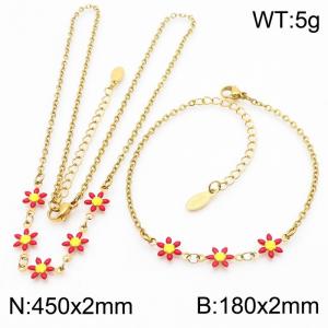 Fashion stainless steel 180×2mm&450×2mm red double-sided adhesive drop small daisy petal splicing O-shaped chain for women's charm gold set - KS216068-Z