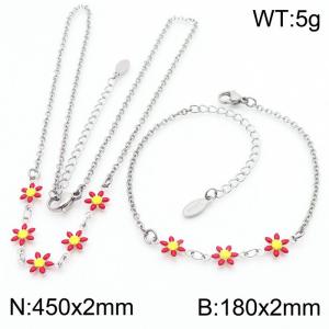 Fashion stainless steel 180×2mm&450×2mm red double-sided adhesive drop small daisy petal splicing O-shaped chain for women's charm silver set - KS216069-Z