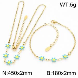 Fashion stainless steel 180×2mm&450×2mm blue double-sided adhesive drop small daisy petal splicing O-shaped chain for women's charm gold set - KS216070-Z