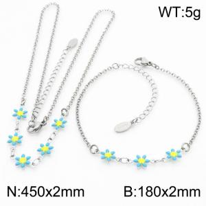 Fashion stainless steel 180×2mm&450×2mm blue double-sided adhesive drop small daisy petal splicing O-shaped chain for women's charm silver set - KS216071-Z