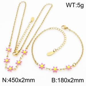 Fashion stainless steel 180×2mm&450×2mm pink double-sided adhesive drop small daisy petal splicing O-shaped chain for women's charm gold set - KS216072-Z