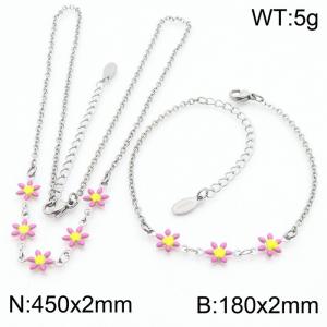 Fashion stainless steel 180×2mm&450×2mm pink double-sided adhesive drop small daisy petal splicing O-shaped chain for women's charm silver set - KS216073-Z